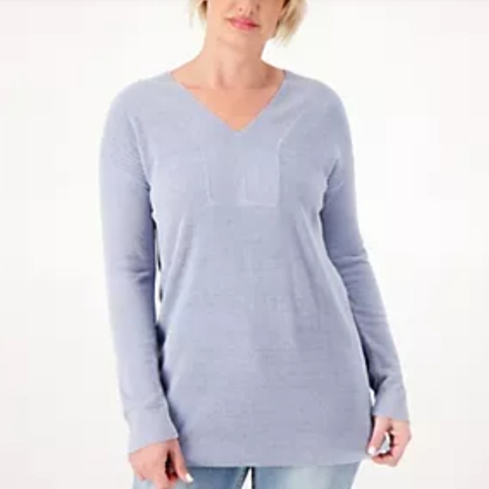 Barefoot Dreams Cozy Chic Ultra Lite Knit Tunuc Relaxed Fit Long Sleeve BlueGrey